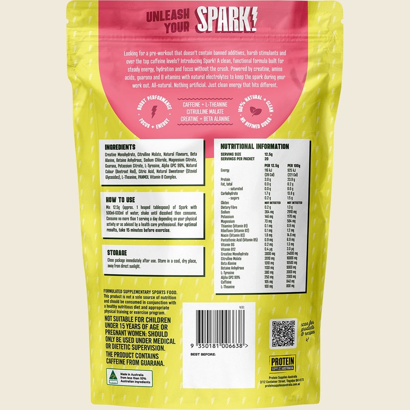 Protein Supplies Australia Spark Pre Workout Strawberry Lime 250g