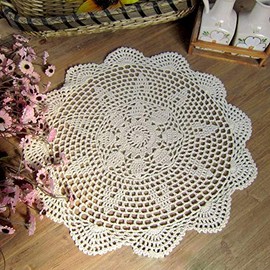 Lelefly Cotton Handmade Crochet lace Table Runners Round Tablecloth Doilies Doily Table Dresser Scarf Décor,23 inch,Beige