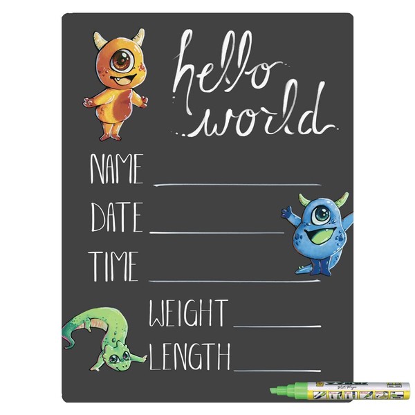Cohas Hello World Newborn Baby Announcement Chalkboard Sign with Monster