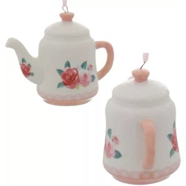 KURT ADLER SET OF 3 HAND PAINTED PORCELAIN PINK & LAVENDER TEAPOT XMAS ORNAMENTS