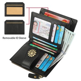 Lavemi Womens Leather Wallet Small Compact RFID Blocking Credit Card Case Purse with Zipper Pocket(Pebbled Black)