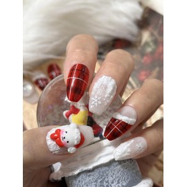Snow Check Bear Handmade Nail Tips - Short Oval / 스노우체크베어 수제네일팁 - 숏오벌