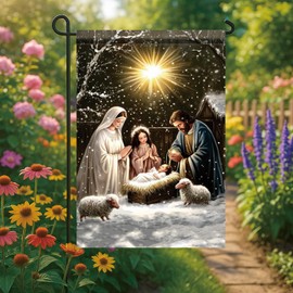 Saoplasa Christmas Garden Flag Nativity Scene Holy Family Manger 12x18 Inch Double Sided Outdoor Yard Banner for Religious Holiday Decorations Baby Jesus Winter Snow Christian Decor