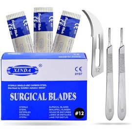 MuskalMed Pack of 100 Blades #12, Scalpel Blades for Knife Scalpel, High Carbon Steel Dermablade Blades. Individually Wrapped, Sterile + Free 2 Handle #3