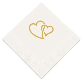 Weddingstar 3-Ply Gold Foil Cocktail Napkins White - Linked Double Hearts