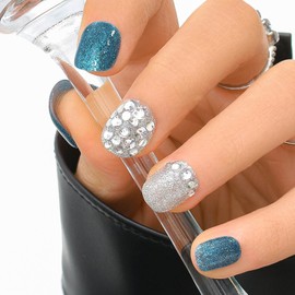 Sethexy Blue Short Square Handmade Press On Nails Glitter Silver False Nails with Design 20PCS Full Cover Art Fake Nail for Women and Girls (9)