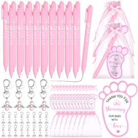 100 Pcs Pink Baby Shower Favours for Guests Includes Ballpoint Pens Angel Keychains Organza Bags Bows Thank You Cards, Baby Shower Return Gifts Thank You for Guests Gender Reveal Party Game Prizes