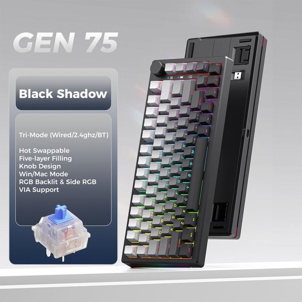 ElecFox GEN75 Wireless Gaming Mechanical Keyboard with Metal Knob Control,