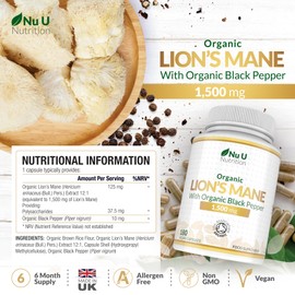 Organic Lions Mane Supplement 1500mg - 180 Vegan Capsules - 6 Month Supply - 30% Polysaccharides - Lion’s Mane with Organic Black Pepper - Nootropic Brain Supplement