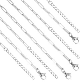 6 Pack Paperclip Chain Necklace Bulk Adjustable Gold Plated Stainless Steel Necklace Chains for Jewelry Making (Silver 18 Inch)