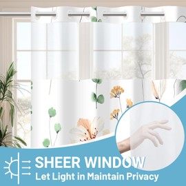 WITHLOC No Hook Shower Curtain with Snap in Liner - Floral Shower Curtain - Fabric Waterproof Inner Liner, Plants Watercolor Sage Green Modern Cloth Shower Curtains - Machine Washable, 71 x 80