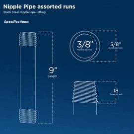 Everflow Supplies NPBL3890-5 Black Nipple Pipe, 3/8" x 9",