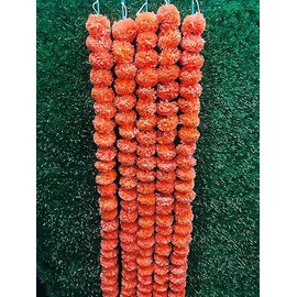 Artificial Flower Marigold Flower Garland 5 String Party Genda phool mala 5 Feet Long Each String for Home Decoration Diwali Dark Orange