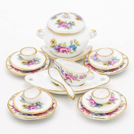 Odoria 1/12 Scale Miniature Dinnerware Set 17Pcs Dollhouse Accessories, Pink Rose