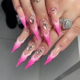 RUOKEXIN Long Stiletto Press on Nails French Tip Fake Nails 3D Pink Ombre False Nails with Rhinestones Designs Glossy Glue on Nails Extra Long Artificial Nails Natural Stick on Nails for Women 24Pcs