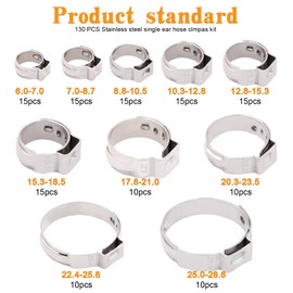 130Pcs 6-28.6mm 304 Stainless Steel Single Ear Hose Pex Clamps 10 Sizes for Water Pipe, Plumbing and Automotive Use