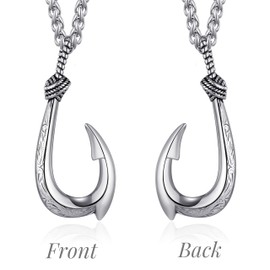 vicima Stainless Steel Fish Hook Necklace for Men, Maui Hook Necklace Nautical Lucky Charm Jewelry Double-Sided 3D Hawaiian Makau Pendant with 24" Wheat Chain