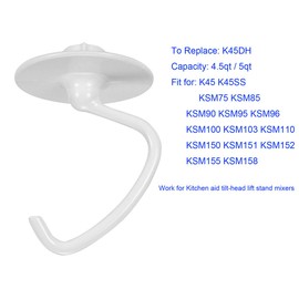 C Dough Hook Replacement for KitchenAid Mixer - K45DH Coated Dough Hook for KSM150 KSM90 K45SS, Dough Attachment for Kitchen Aid Tilt-head Lift Stand Mixers, Work with 4.5 Quart/5 Quart Bowl