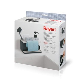 Rayen | Sink Utensil Organiser | Premium Series | Drip Basket | Easy to Clean | Compartments | Soap Dispenser | Light Grey and Dark Grey | Dimensions: 22.5 - 14 x 23.5 x 11.5 cm