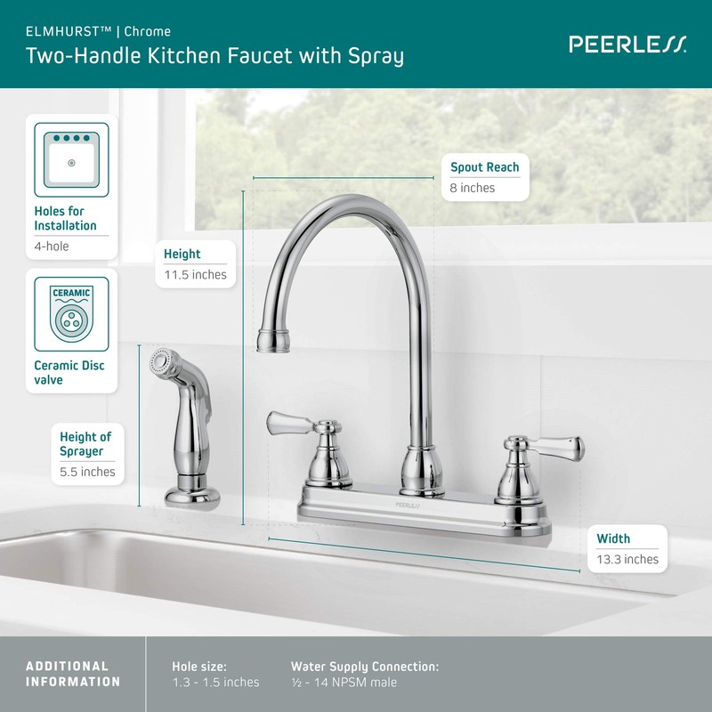 Peerless P2865LF Elmhurst Two-Handle Kitchen Faucet with Spray Deck-Mount, Chrome