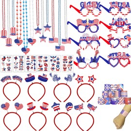 46Pcs 4th of July Party Favors Set, Patriotic Head Boppers Glasses Necklaces Temporary Tattoos Stickers Slap Bracelet Independence Day Props for Fourth of July, Independence Day, Memorial Day