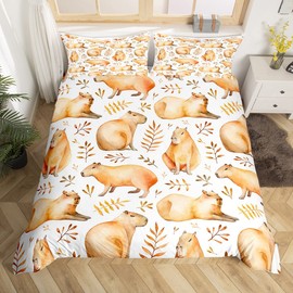 Homewish Capybaras Duvet Cover Single Size,Cute Capybara Comforter Cover for Kids Teens Adults,Funny Animals Bedding Set Capybara Lovers Home Decor,Watercolor Botanical Leaves Quilt Cover