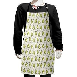 Lunarable Frogs Apron, Hand Sketched Amphibians with Dots Among Water Lilies Dragonflies, Small Apron Bib with Adjustable Ties for Baking Painting, Small Size, Pale Green Eggshell
