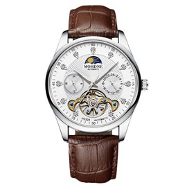 rorios Men's Automatic Tourbillon Watch Diamond Skeleton Watch Waterproof Mechanical Watch Luminous Moon Phase Watch Leather Strap, Brown White B, Strap.