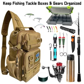 Fishing Backpack with Tackle Boxes DIY Logos, Waterproof Fishing Sling Tackle Bag with Rod Holder for Fishing Gear and Supplies Storage Bag (Khaki)