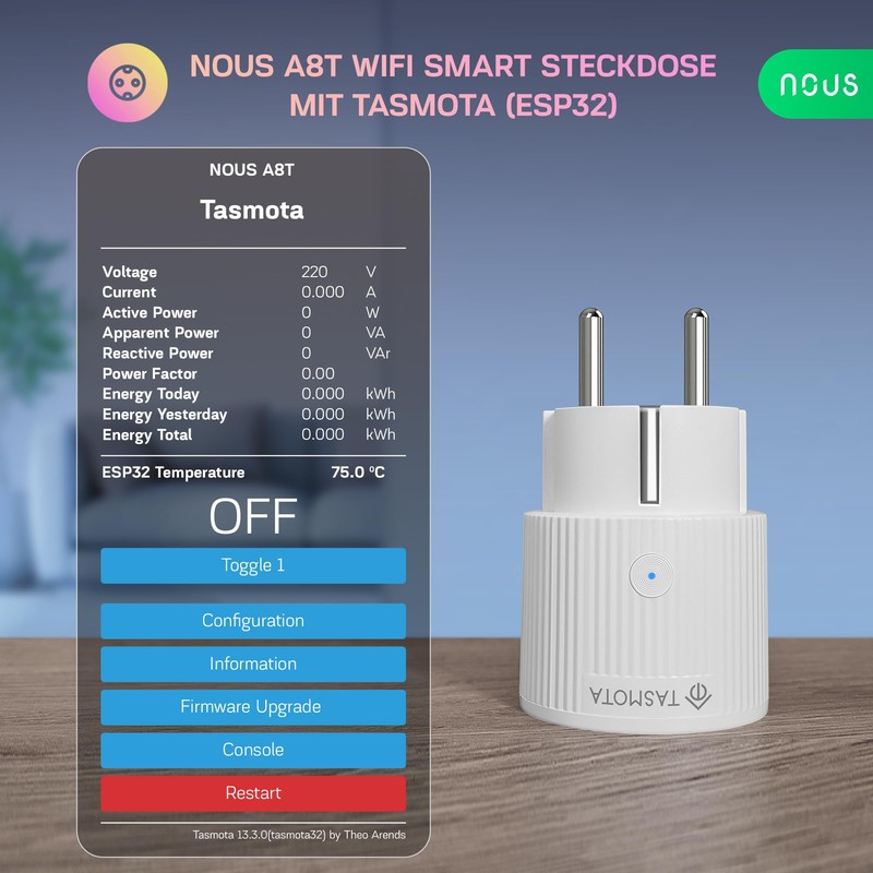 Tasmota Socket NOUS A8T, Smallest WiFi ESP32 Smart Plug, 10A