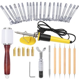 Leather Carving Set - Leather Working Kit, Leather Stamp Tools, Leather Kit for Beginner with Leather Burning Tool, Stamp Punch Set and Adjustable Swivel Knife, Leather Carving Working Saddle Making