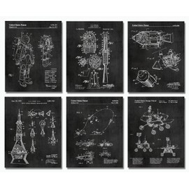 Space Decor Gifts - Outer Space Themed Bedroom Decorations - 6 (8x10 inch) UNFRAMED Wall Art Prints - Astronaut Geek Aerospace Engineering Science Lovers - Kids Room Patent Blueprint NASA