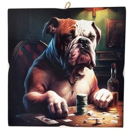 KUSTOM ART Wandbild Serie Tiere Hund Bulldogge spielen Poker Druck auf Holz 23x23cm