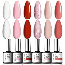 GELFAVOR Semi-Permanent Nail Polish, UV Gel Nail Polish Set Nail Polish Red Pink Glitter Nail Polish Kit in Healthy Long Lasting 6 Colors 10ml