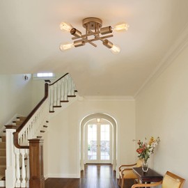 Semi Flush Mount Modern Ceiling Light, Gold Mid-Century Industrial 4-Light Farmhouse Chandelier Light Fixtures for Hallway Bedroom Kitchen Dining Room Porch Laundry Room