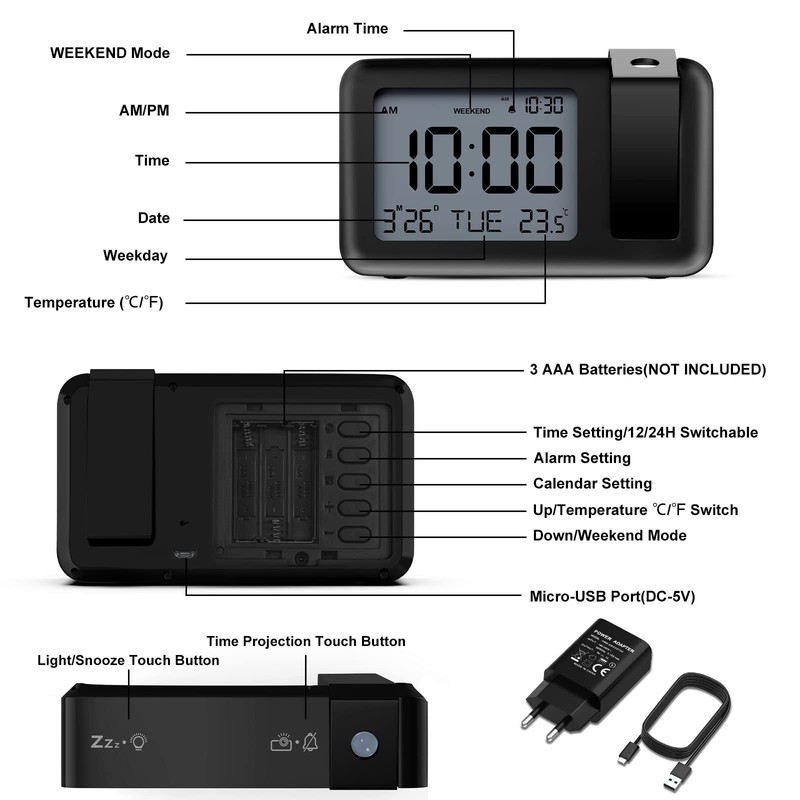 CHEREEKI Projection Alarm Clock, Alarm Clock with Indoor Temperature, 4