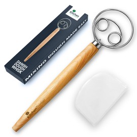 13 Inch Danish Dough Whisk with Dough Scraper, Dutch Bread Whisk with Stainless Steel Dough Hook, Sourdough Whisk for Baking, Bread Whisking Tool