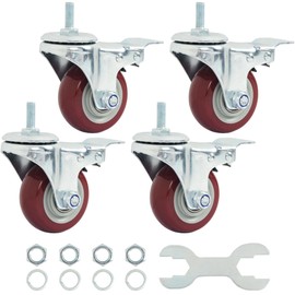Finnhomy Swivel Caster Wheels 3 Inch Threaded Stem Casters Set of 4 Heavy Duty 3/8"-16 x 1 with Brake Polyurethane Industrial Locking Castors Wheels for Cart/Furniture 2200 Lbs Smooth Casters, Red