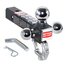 REYSUN Trailer Hitch Tri-Ball Hitch with Hook, Tactical Tow Ball Hitch, Fits 2-inch Hitch Receiver, Chrome Triple Balls with Hitch Pin and Clip