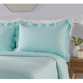 Diana Cowpe 1 X GREEN PILLOW SHAM to match BED THROW Bedspreads & Coverlets | Beautiful Victoriana Portugese Matelassé Floral Textured Scalloped Edge Blanket Lightweight Summer Layer