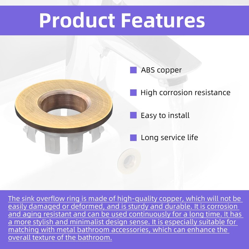8Pcs Brass Sink Overflow Trim Ring with 2 Adhesive Hook,Brass