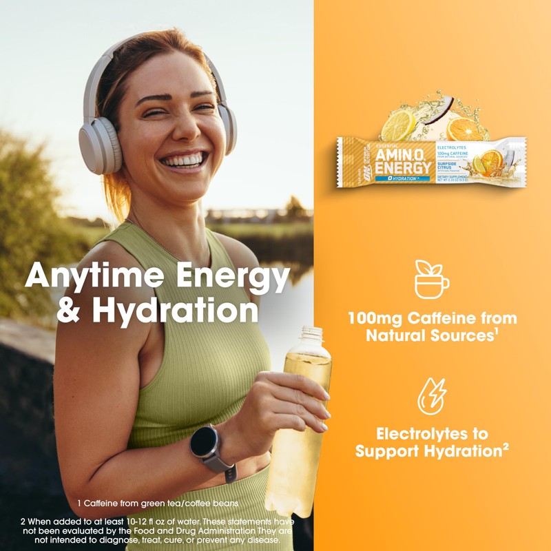 Optimum Nutrition Amino Energy Plus Hydration Packets, On-The-Go Caffiene Stick