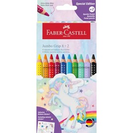 FABER-CASTELL 110923 Jumbo Unicorn Colouring Pencils Set, 10 Pieces, Shatterproof, Includes 2 Sparkle Pens and Unicorn Stickers