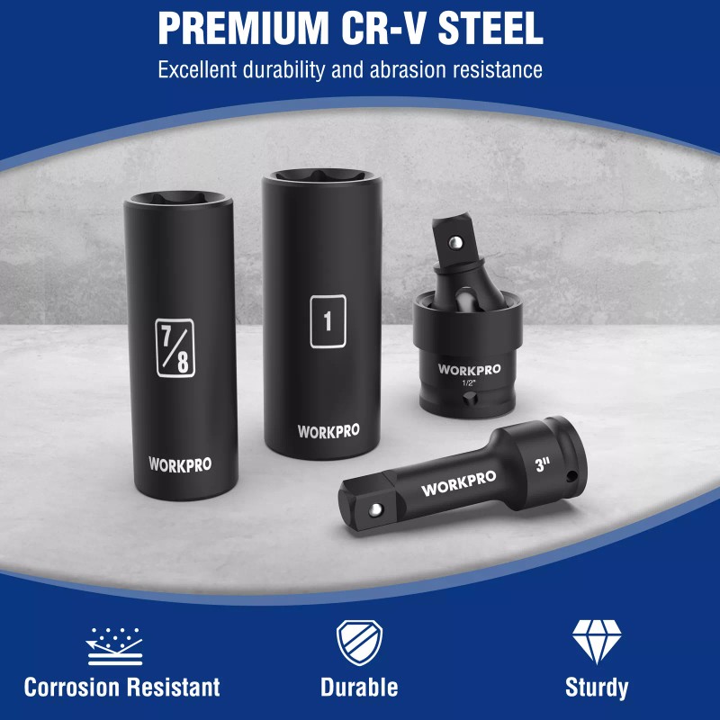 WORKPRO 20-Piece 1/2＂ Drive Deep Impact Socket Set, 6-Point, Cr-V