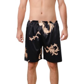 Lu's Chic Men's Satin Boxers Underwear Shorts Silk Dragon Luxury Loungewear Pajama Pants Black US XL (Tag4XL)