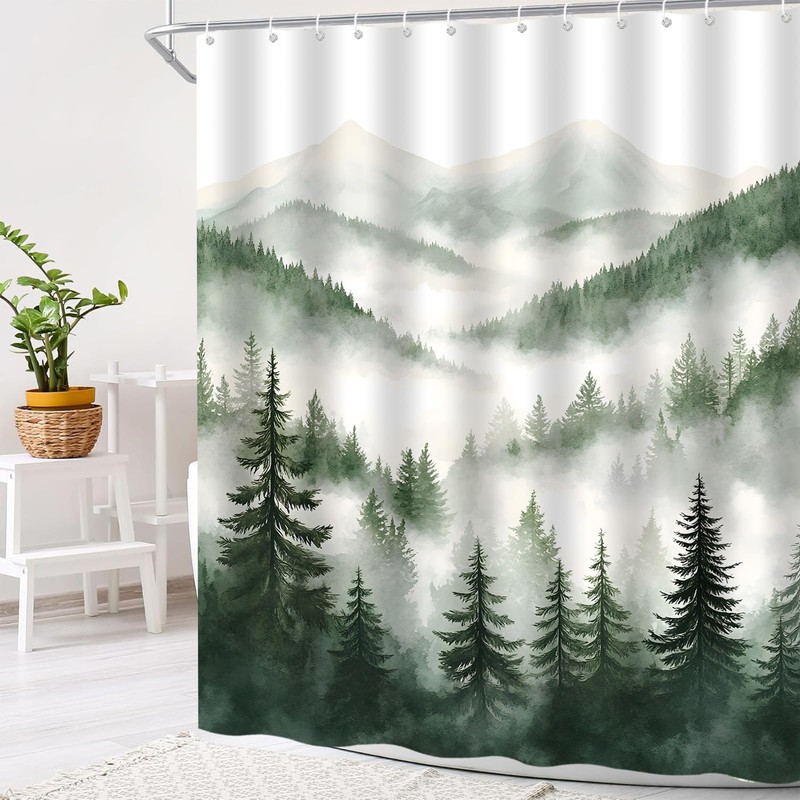 Dark Green Misty Pine Forest Shower Curtain Mountain Foggy Scenery,70x70IN