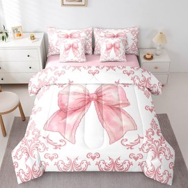jejeloiu Girls Pretty Ribbon Pink Bow 7 Piece Bedding Set King Size Pink Damask Comforter Set with Sheets for Kids Women Cute Bow Bed in a Bag Princess Bed Set