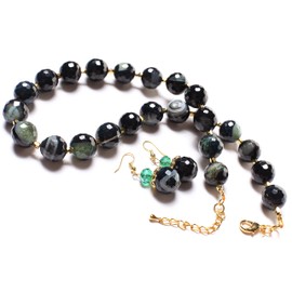 Banded Agate 14mm Faceted Round With Gold Bali style Spacer Beads, Greenish Agate 18" Necklace, 2" Extension, Matching Earrings Jewelry Set