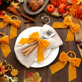 Maxdot Bow Napkin Rings, Velvet Bow Tie Napkin Holder 4.9 x 4 Inch for Weddings, Thanksgiving, Xmas, Birthday Party Dinner Table Decoration (12 Pcs,Orange)