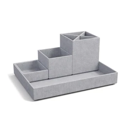 Bigso Box of Sweden LENA Desk Organiser for Pens, Paper Clips, Sticky Notes etc. - Sorting Box with 4 Compartments - Fibreboard and Paper Organiser System in Linen Look - Light Grey